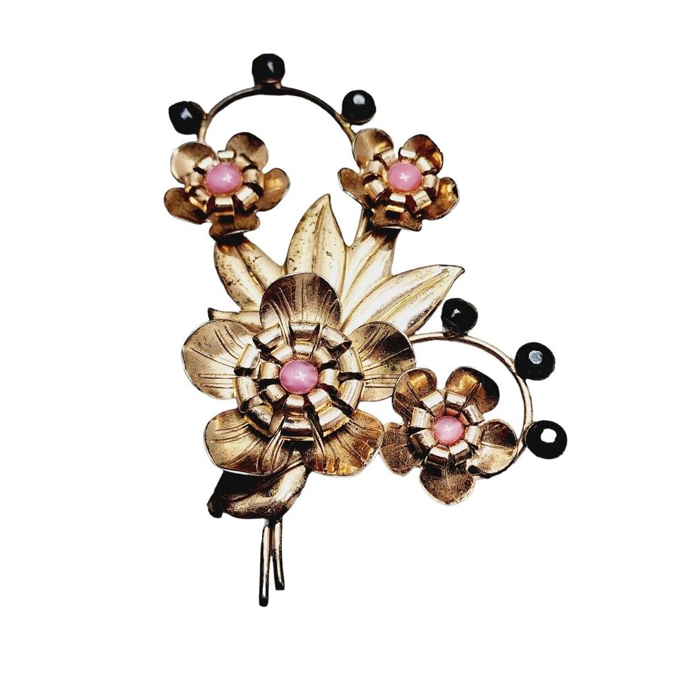 Huge Vintage Signed Pink Gold Wash Over Sterling Floral Brooch (A1506)